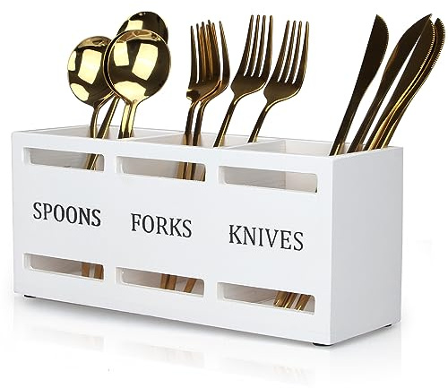 Wooden Silverware Cutlery Holder White Flatware Caddy Small Kitchen Utensil Holders for Party Wood Silverware Organizer Storage for Table Countertop Spoon and Fork Holder Utensils Caddy Basket
