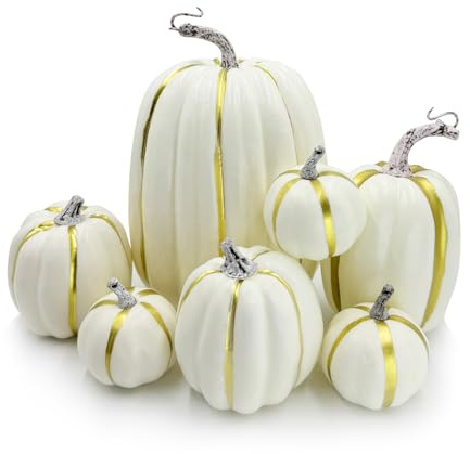DOJoykey 7pcs Artificial Pumpkins, Large Size White Pumpkin for Thanksgiving Fall Harvest Halloween Decoration