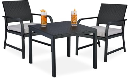 Relaxdays Balkonmöbel Set, 3-teilig, 1 Tisch & 2 Stühle, Kissen, Gartengarnitur Rattanoptik, Stahl & Kunststoff, schwarz