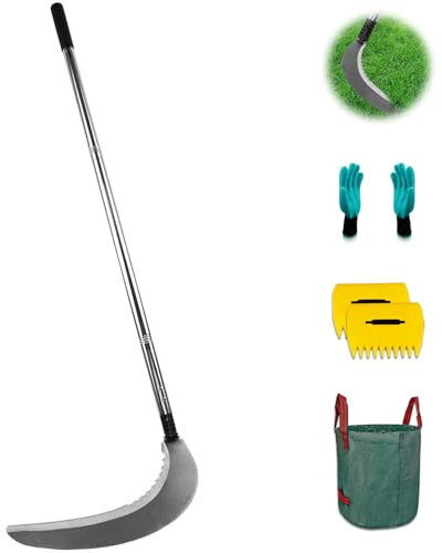 Sickle Garden Tool Set, Long Handle Weeding Sickle with Serrated Double-Edged Blade, Grass Sickle Stand Up Weeding Tool with 2 Pack Leaf Scoops, 16 Gallon Lawn Bag with Gardening Gloves for Yard