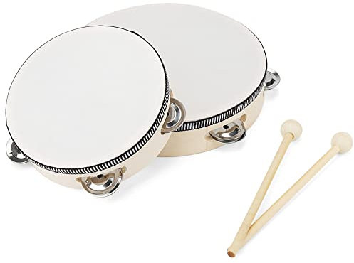 CHUIFAI 2 Stück Holz Tamburin, 6 Zoll und 8 Zoll Handheld Tamburin Holz Handtrommel mit Schlägel, Percussion Tambourine Instrument für Rhythmuslernen, Performance
