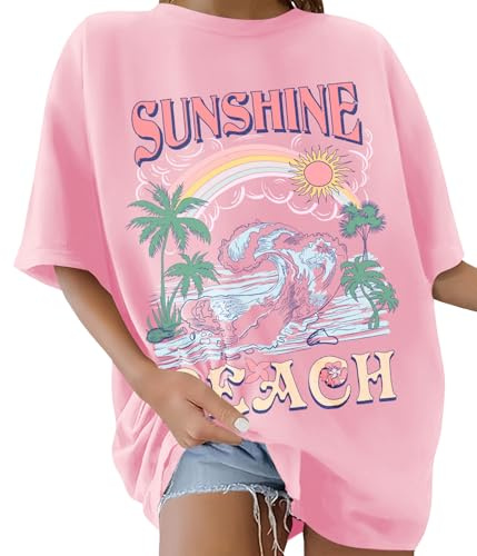 TOMEEK Tee Shirt Femme Col Rond Coton Oversize T-Shirt Été Manches Courtes Chic Grande Taille Vintage Motif Top Femme Sport Blouse Lâches Hauts(Rose,M)