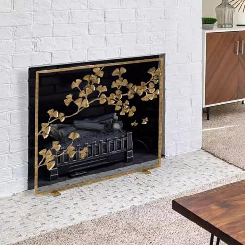 Öppen spis skärm heminredning eldstad skydd för vardagsrummet, vintage mässing ton brandgnista skyddsgaller, öppen spis skärm med 3D ginkgo biloba mönster