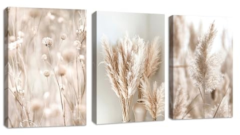 FajerminArt 3 Panels Boho Canvas Wall Art Set Modern Beige Reeds Pampas Plants Pictures Painting on Canvas Prints for Living Room Bedroom Office Wall Decoration Stretched On Frame 50x70cmx3Pcs