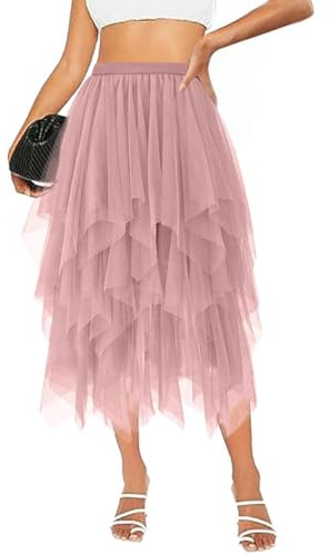 Raincol Tulle Skirts for Women Midi Long Tutu Skirt A-Line Mesh Layered Fairy Trendy High Elastic Waist Halloween Skirts Pink XL-XXL