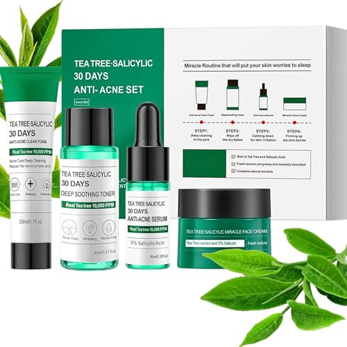 Tea Tree Sali-cylic Acid Acne Skin Care Set - 4-Step Skincare Gift Set with Cleanser, Toner, Serum & Face Cream | 2% BHA for Oily & Sensitive Skin | Travel Skincare Set | Vegan & Premium Packaging