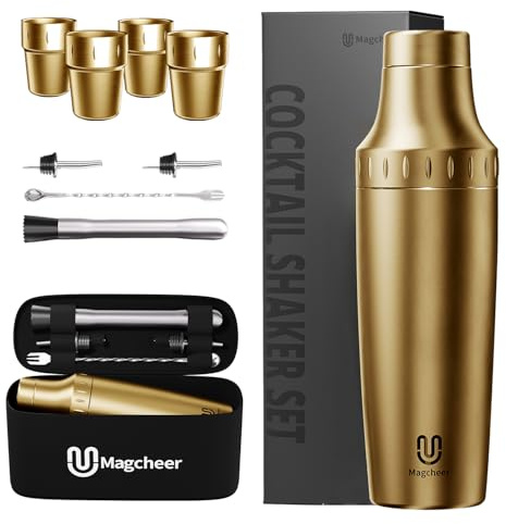 Magcheer 900ml Juego de Coctelera Profesional con 4 Vasos Plegables | 9 Piezas Cocktail Kit con Bolsa | Coctelera Aislante Resistente a Las Heladas | Medidor Incorporado | Regalo Hombre(Oro)
