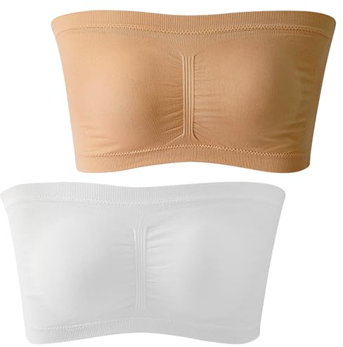 mtuihfo 2 PCS Bandeau Tops Women, Strapless Bras, Tube Top Bra Bralette (UK, Alpha, M, Regular, White & Apricot)