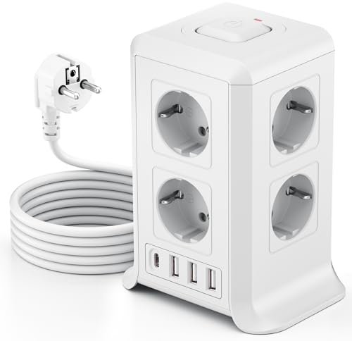 Mehrfachsteckdose mit 4USB, 8 Fach Steckdosenleiste Steckerleiste mit USB, Mehrfachstecker Überspannungsschutz, 2M Verlängerungskabel Steckdosenturm für Zuhause,Büro