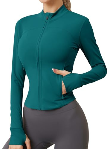 IECCP Women Activewear Gym Running Yoga Tops Long Sleeve Workout T-Shirts Clothes Zip Breathable Sports Active Wear Peacock Blue S