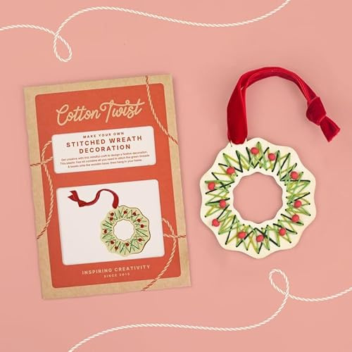 COTTON TWIST Christmas Craft Kit Make Your Own Stitched Wreath Decoration Set - Wooden Ring and Thread - Eco-Friendly Hanging Ornament DIY Embroidery Activity for Holiday Tree or Home Décor
