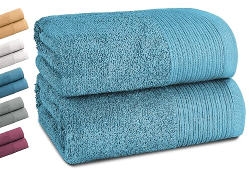 Montafox Set di 2 Asciugamani Doccia Bagno 140 x 70 cm Blu piccione 100% Cotone 550 g/m² Morbidi Altamente Assorbenti
