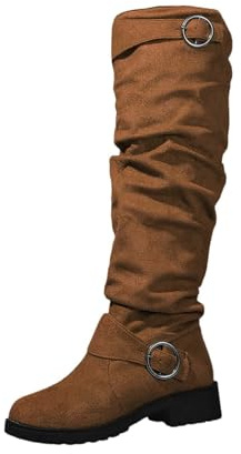 Botas elásticas para mujer, planas, largas, puntiagudas, de piel, con cierre de hebilla, botas anchas, de ante, botas de invierno, botas de vaquero, marrón, 38 EU
