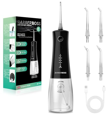 BarberBoss Batteridriven mundusch, munsköljmaskin med 4 munstycken och 5 trycknivåer, professionell tand- och tandköttsrengöring, 340 ml vattentank och IPX8 vattentät, QR-7105 (svart)
