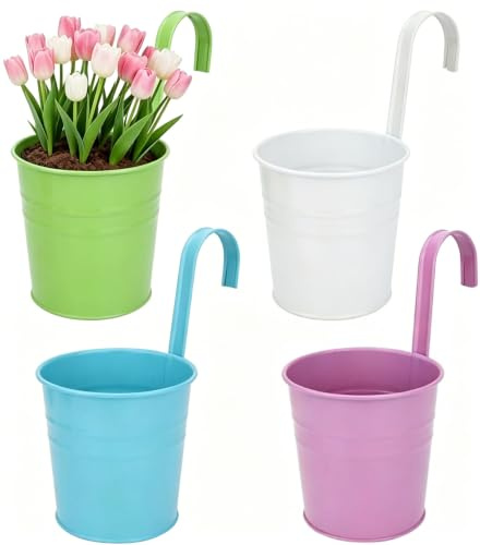 YNNHUDEEP 4 vasi da fiori sospesi con foro di drenaggio, vaso da fiori in metallo con gancio rimovibile, vasi da appendere per piante, stile vintage, decorazione per balcone, giardino, parete