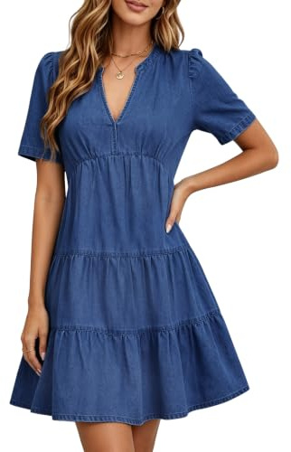 Fengbay Denim Dresses for Women V Neck Short Sleeve Jean Shirt Dress | Soft Stretch Light Denim Fabric;Tiered Ruffle Babydoll Loose Fit;Hidden Side Pockets;All Summer Occasion Casual Dress