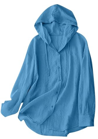 Générique Chemise Femme Légère à Capuche Manches Longues Coton Lin Décontracté Boutonnée Tunique Blouse Été Automne Ample Respirant Veste Manteau Plage Bureau Vacances UPF 50+ Cordon Serrage (L)