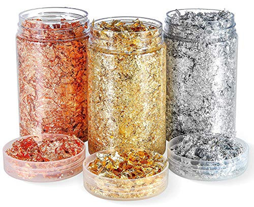 Metallic Flakes Gold Foil Flakes Silver Foil Flakes Rosegold Metallic Leaf Foil Gold Foil Paper Metal Imitation Foil Flakes For Resin Art Nail Decorations Handicraft Decorations(Gold/Silber/Roségold)