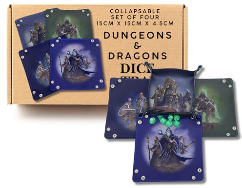 Lot de 4 plateaux à dés DnD de personnages fantastiques – Plateau à rouler pliable pour donjons et dragons – Wizard Fighter Cleric Rogue – Tapis à dés portable – Plateaux de jeu de société