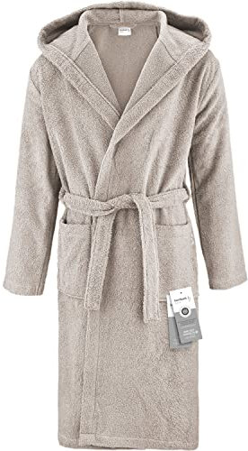 herzbach home Bademantel Herren Kapuze Baumwolle Frottee lang (Sandgrau, L) – hochwertig, flauschig & saugstark