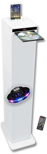 gef-roy Enceinte Colonne Blanche avec Lecteur CD, Bluetooth, FM et USB, 60W, télécommande, Jeu de lumière OVNI LED