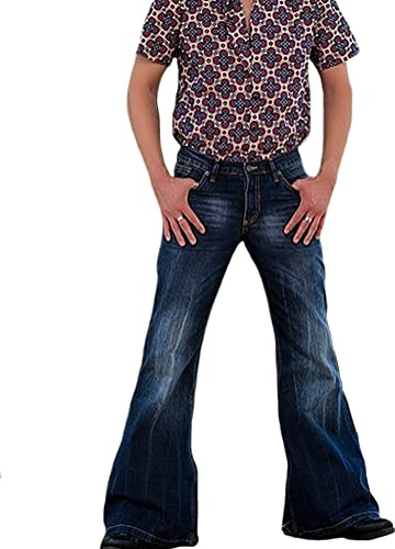 Vintage Hombre Vaqueros De Campana 70 Años Trajes Azul Vaqueros Pantalones Acampanados Moda Punk Hombres Denim Bootcut Pantalones (Azul-4,XL,XL)