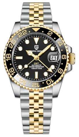 Pagani Design GMT Herren 40 mm Automatikuhr Saphirglas Edelstahl 100 Wasserbeständigkeit Analoguhr Mechanische Herrenuhren Geschenkuhr für Herren(gelb golden schwarz)