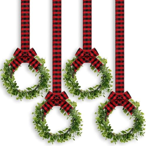 LATERN 4 Pezzi Ghirlande Natalizie per Armadietti da Cucina, 22CM Ghirlande di Bosso Finto Ghirlande di Foglie Verdi Artificiali con Nastro per Natale Finestra Porta D'ingresso Decori (Nero e Rosso)