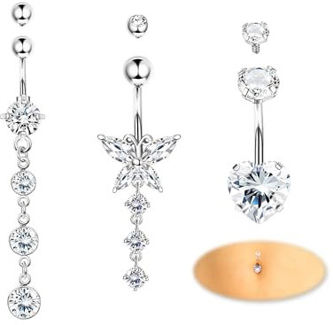 Diamday 3 Stück Bauchnabelpiercing Chirurgenstahl, Piercing Bauchnabel Set, 14G Bauchnabelpiercing Lang,Zirkonia Herz Schmetterling Nabel Barbell Ring Gold Silber 3 Stück Piercing Kugel Ersatzkugel