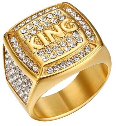 JewelryWe Ring herr zirkonium sigillring: guld rostfritt stål herrring med bokstäver king och glitter zirkonia män hip hop punk bandring sigillringar biker band med gravyr storlek 57, Rostfritt stål