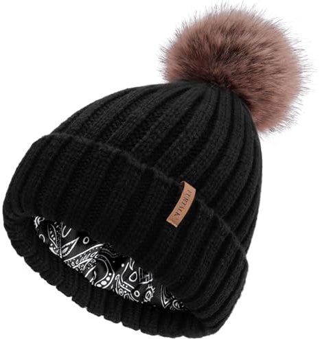 FURTALK Damen Winter Mütze Satinfutter Bommelmütze für Haar Wintermütze mit Kunstfell Bommel