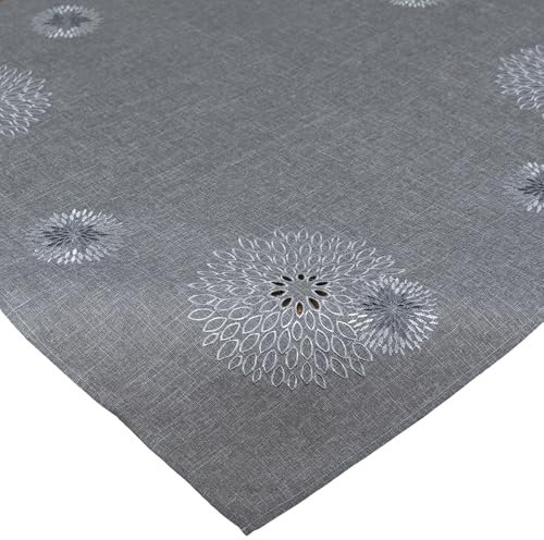 Tischdecke Leinen-Optik Bestickt Deko Esszimmer Serie Pusteblume Tischwäsche Stickerei Blumen Ornamente Tischdeko Typ887 Mitteldecke 85x85 cm grau