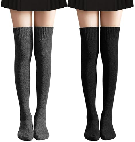 TUONYIS 2 Pares Calcetines Largos para Mujeres Calcetines Hasta la Rodilla Hasta el Muslo Altos Muslo Mujer Medias Largas Invierno Talla única (Negro Gris oscuro)