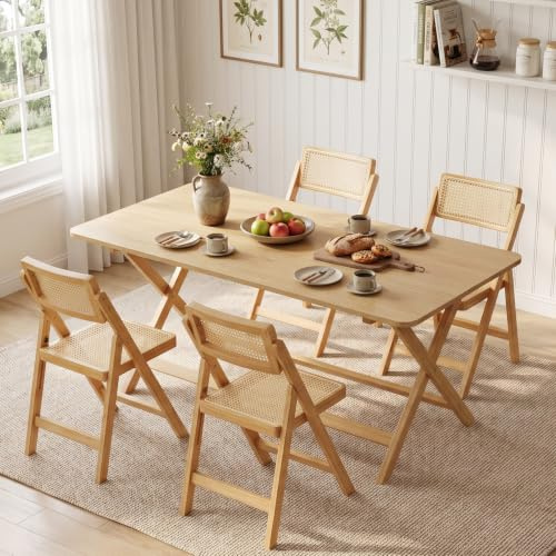 Warmiehomy Rattan Folding Kitchen Dining Chairs Set of 4, Installation-Free | Wooden Dining Room Chairs for Living Room Bedroom Camping Garden, Indoor & Outdoor, Bamboo & Wood Frame, Rattan Back & Seat