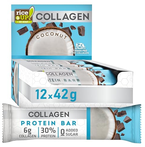 RiceUP! Barre Protéinée Noix de Coco au Collagène – 30% Protéines, 6000 mg Collagène Type I & III, Sans Sucre Ajouté, Moins de 215 kcal – Snack Protéiné 12 x 42 g