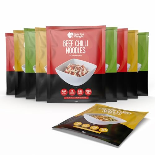 Shake That Weight - Variety Noodle Box - 10 Meals, High Protein, Low Calorie, Meal Replacement for Weight Loss, Vegetarian, Quick & Easy, Includes Beef Chilli, Chicken Veg & Chicken Curry Noodles