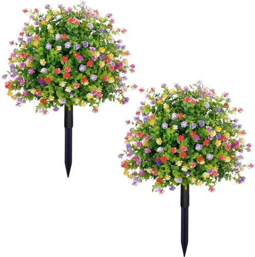 ChYoung 2 Pack Artificial Boxwood Topiary Ball Tree with Flower Fake Plant with Ground Spike 24 Inches Faux Topiaries Houseplants Fake Decorative Greenery Plants (2, Mixed Color)