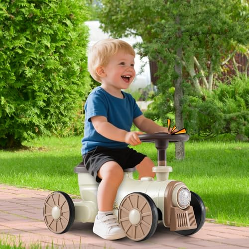 GOPLUS Porteur Enfants, Voiture à Pousser Theme Train, Volant, Klaxon et Bruit de Moteur, Rangement Siège, Voiture Pousser Jouet pour Bebe 1,5-3 Ans, Charge 15KG, 61 x 30 x 38 cm (Beige)