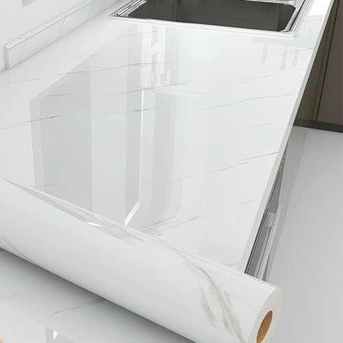 HEUIOP White Marble Vinyl Wrap, 40 * 1000CM Self Adhesive Plastic Vinyl Covering, Waterproof Greaseproof Scratch-Resistant Wrap Roll for Kitchen Worktop, Furniture, Cupboard, Cabinets, Wardrobe, Wall