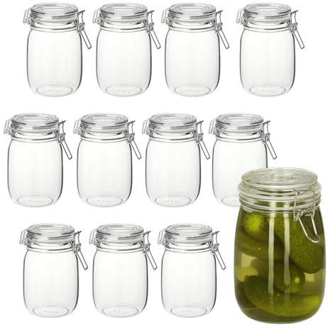 PALUPLUS 12 Barattoli in Vetro Tondi con Coperchio da 1 Litro, Misura 13x12x17 cm, Vasetto vuoto con Chiusura a Clip Ermetica, vasi sottovetro per marmellate, Biscotti, Cereali, Bomboniere -249C -9