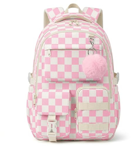 shiprabags Corduroy Backpack for Teen Girls, Aesthetic Cute Pink Gingham School Backpack with Multi-Pocket, Lightweight Bookbag Fits 15.6 Inch Laptop, Large Capacity Casual Daypack for School Travel