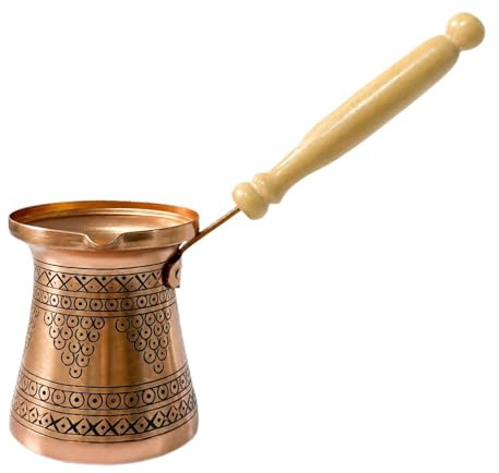 Yunmeryker Cafetera Turca Cazo de Cobre Artesanal para Café Turco Estufa Fuego Abierto Tetera con Mango Ergonómico de Madera Recipiente Grabado Decorativo Adecua, Cobre, Individual