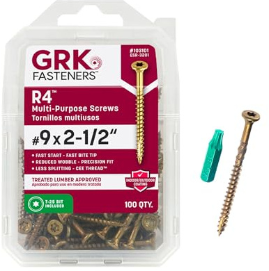 GRK Fasteners R4™ #9 x 2-1/2 Inch, Multi-Purpose Framing Screws, 100 PCS, Rust Resistant Climatek™ Coating, Outdoor Deck Screws, Fast Bite Tip, Star Drive Recess, T-25 Bit Included, Gold