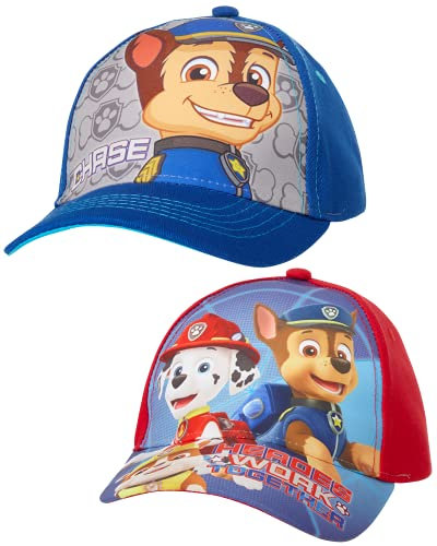 Nickelodeon Boys' Paw Patrol Baseball Cap - 2 Pack Chase, Marshall, Rubble Curved Brim Strap Back Hat (2T-7), Size 4-7T, Paw Patrol Blue/Red