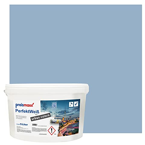 Preismaxx Perfektweiß Wandfarbe blau matt 5L - Innenwandfarbe für kreative Wandgestaltung, Innenfarbe taubenblau, hohe Deckkraft Klasse 2, Trendfarbe für Wohnzimmer, bunte Akzentfarbe