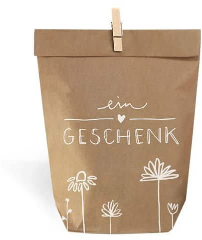 Eine der Guten Geschenktüten Set - ein Geschenk, 24 gestempelten Kraftpapiertüten & Mini-Holzklämmerchen, Geschenkpapier Alternative, Partytüten, Geschenkverpackung für Gastgeschenke 14 x 22 cm