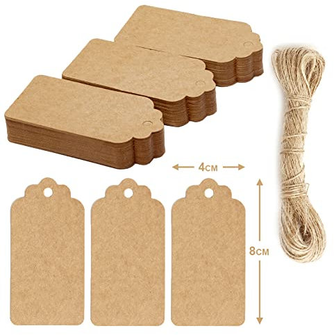 Box.it.pack.it Kraft Paper Gift Tags, Brown, Scallop 8x4 cm, 100 Pack with String