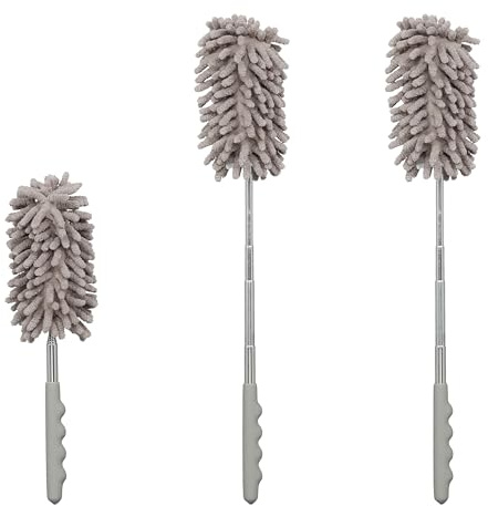 Relaxdays Spolverino per Polvere, Set da 3, Asta Telescopica Fino a 77 cm, Panno in Microfibra Riutilizzabile, Grigio