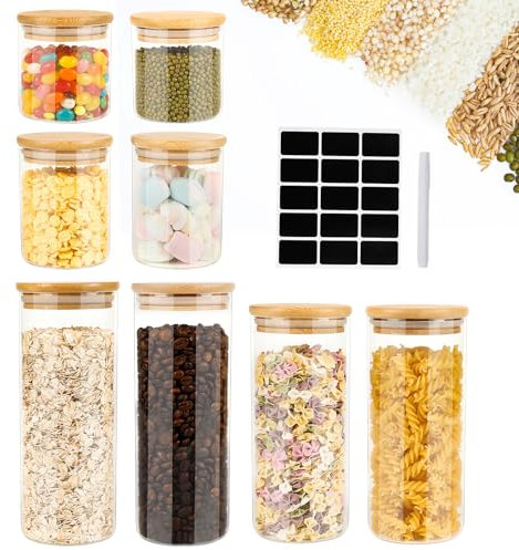 Cinnani 8x Vorratsdosen aus Glas mit Bambusdeckel,Glasbehälter,Vorratsdosen Glas luftdicht aus Bambus,Vorratsgläser Mit Deckel,Vorratsgläser Mit Holzdeckel zur Spaghetti Aufbewahrung