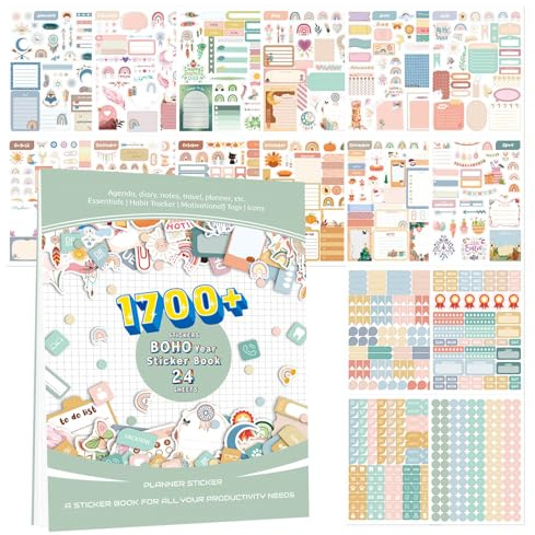 24 hojas de 1700 calcomanías bohemias para planificador, calcomanías de calendario para adultos, calcomanías de vacaciones, calcomanías de temporada, calcomanías de planificador diario, calcomanías de